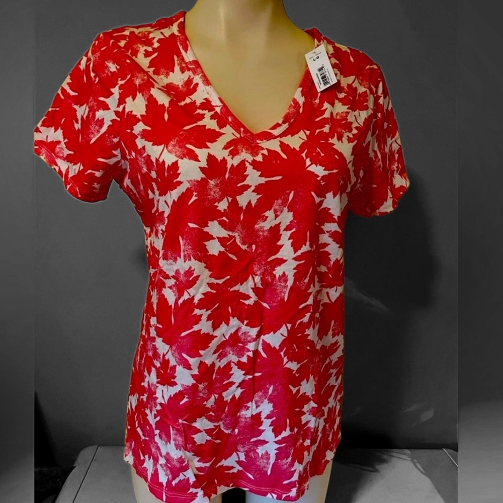 🍁Red Leaf Print V-Neck T-Shirt🍁